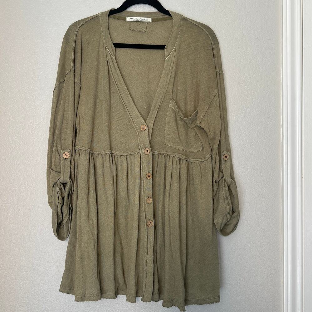 Free People Olive Green Linen/Cotton Oversized Boho Tunic Shirt Dress, Small